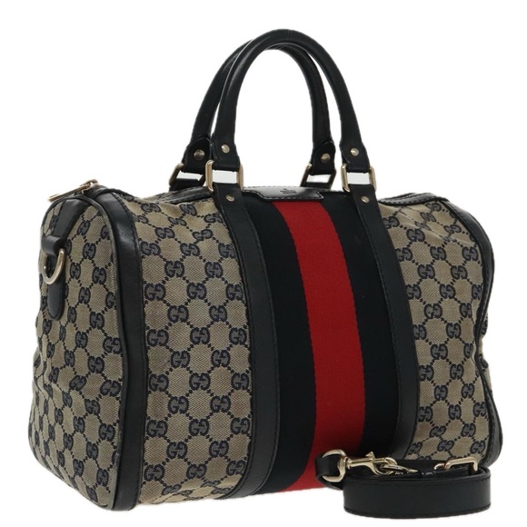 GUCCI GG Canvas Sherry Line Boston Bag Navy Gold 247205 Auth 97276 - Picture 1 of 16